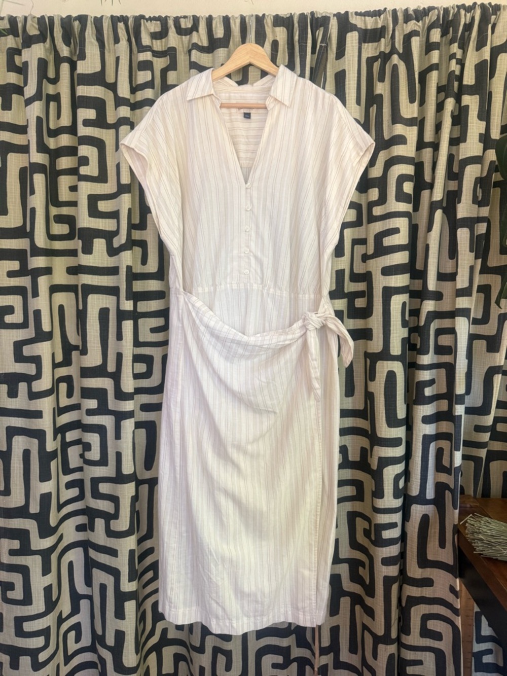 Universal Thread Light Taupe Striped Midi Shirt Dress with Waist Tie